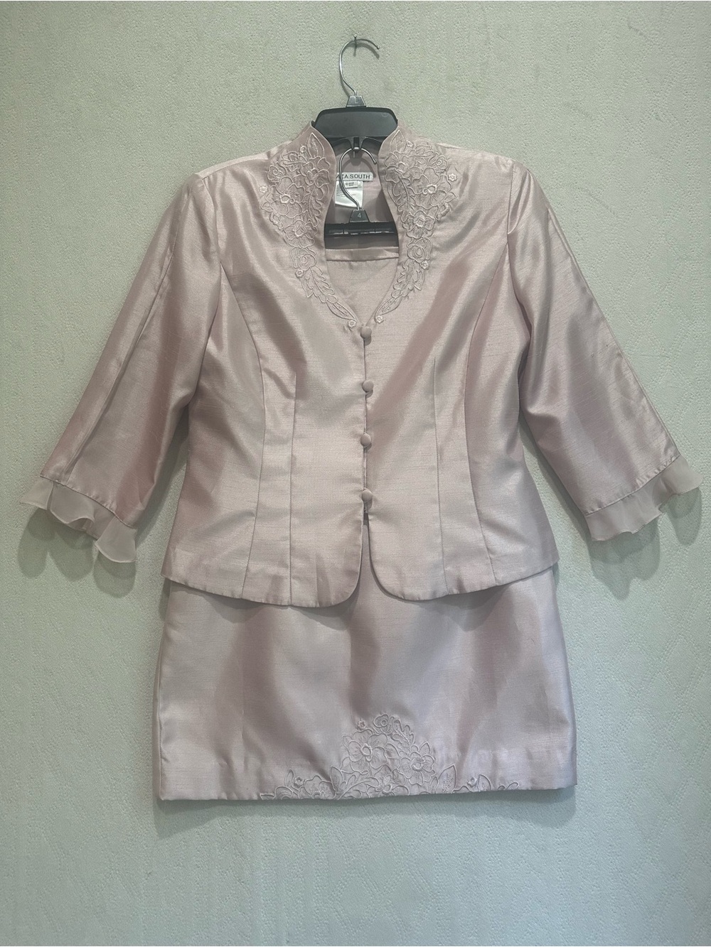 Vintage Plaza South Formal Light Pink Blazer Skirt Set Sz 8 Embroidered Church